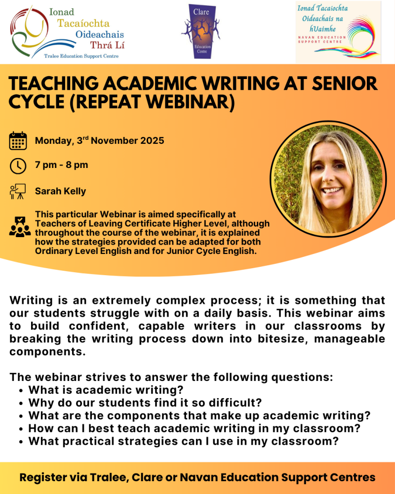 AUT25-160 Teaching Acadmeic Writing at Senior Cycle English ( Repeat webinar)
